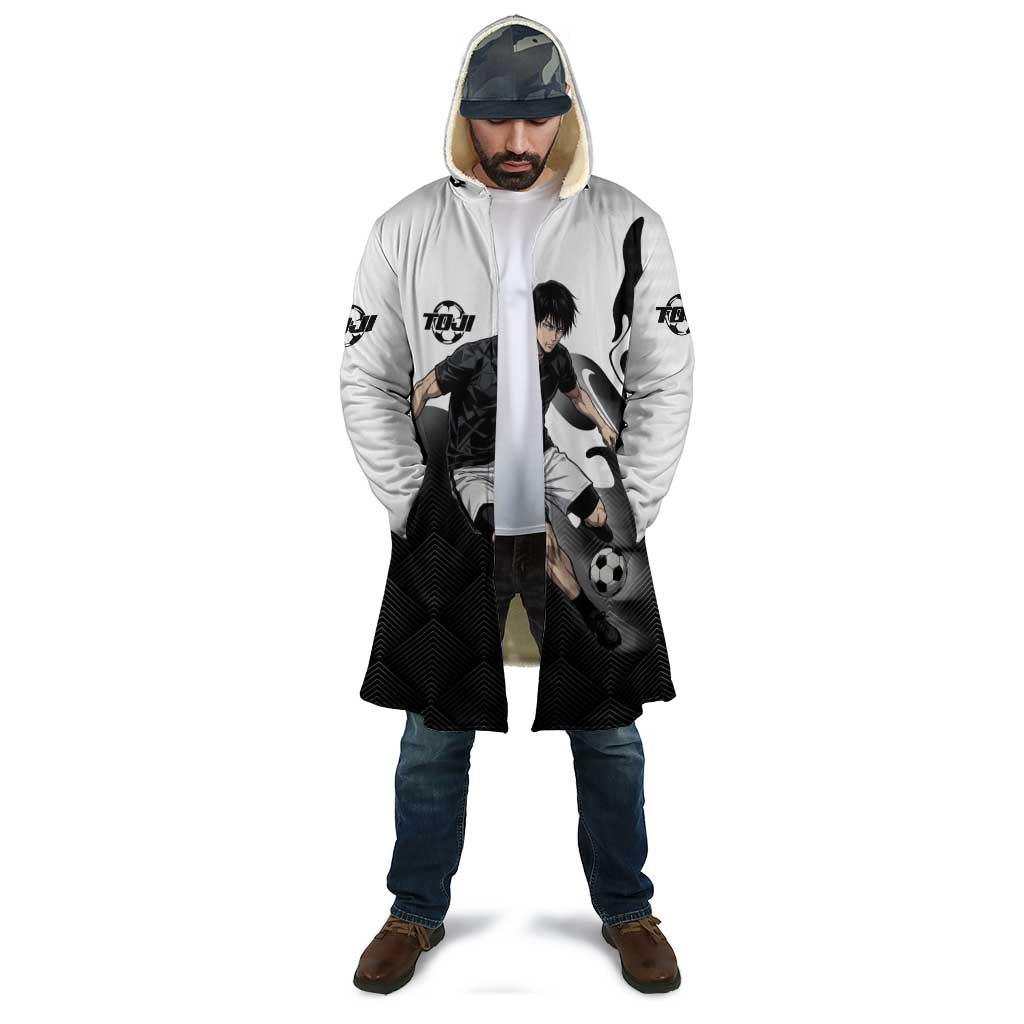 Personalized Toji Fushiguro Jujutsu Kaisen Soccer Theme Cloak with Dribbling Pose and Monochrome Black White Flame Graphic Design - The Mazicc