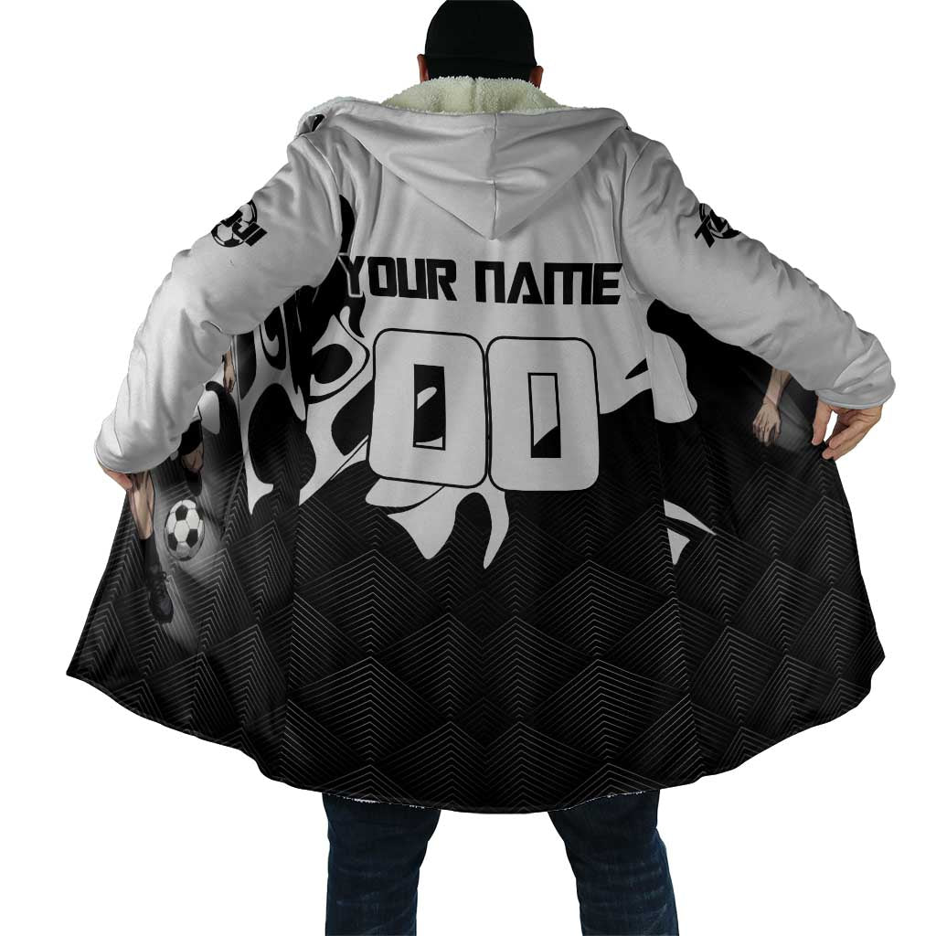 Personalized Toji Fushiguro Jujutsu Kaisen Soccer Theme Cloak with Dribbling Pose and Monochrome Black White Flame Graphic Design - The Mazicc