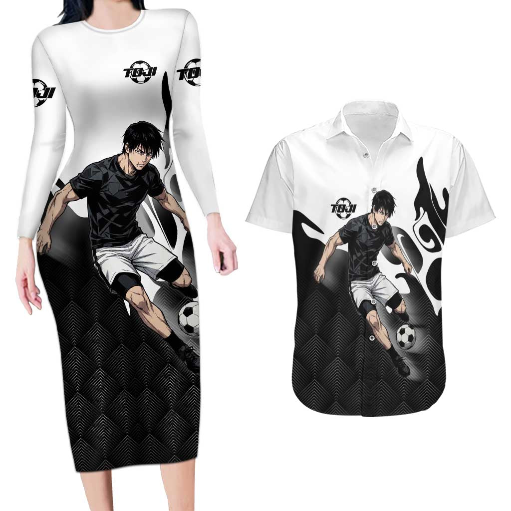 Personalized Toji Fushiguro Jujutsu Kaisen Soccer Theme Couples Matching Long Sleeve Bodycon Dress and Hawaiian Shirt with Dribbling Pose and Monochrome Black White Flame Graphic Design - The Mazicc