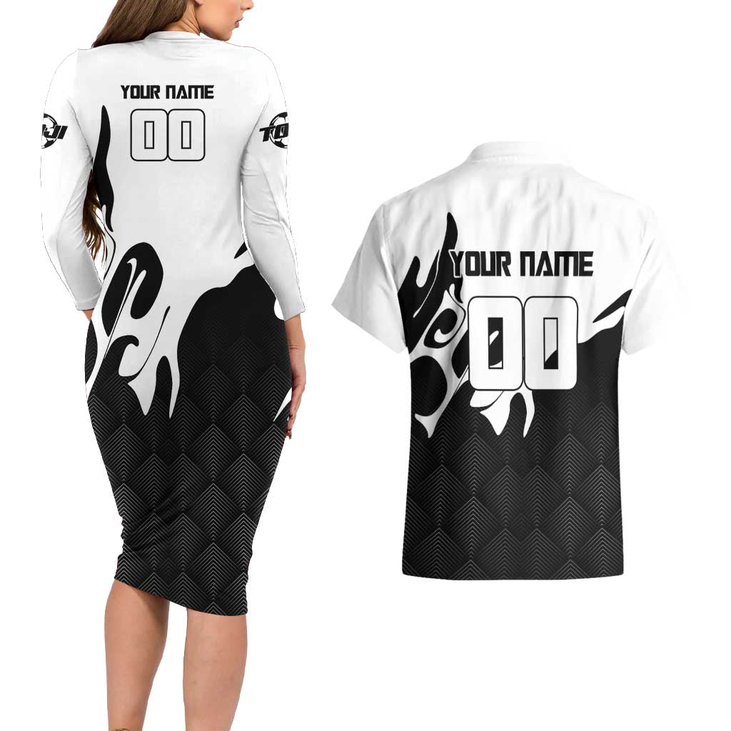Personalized Toji Fushiguro Jujutsu Kaisen Soccer Theme Couples Matching Long Sleeve Bodycon Dress and Hawaiian Shirt with Dribbling Pose and Monochrome Black White Flame Graphic Design - The Mazicc