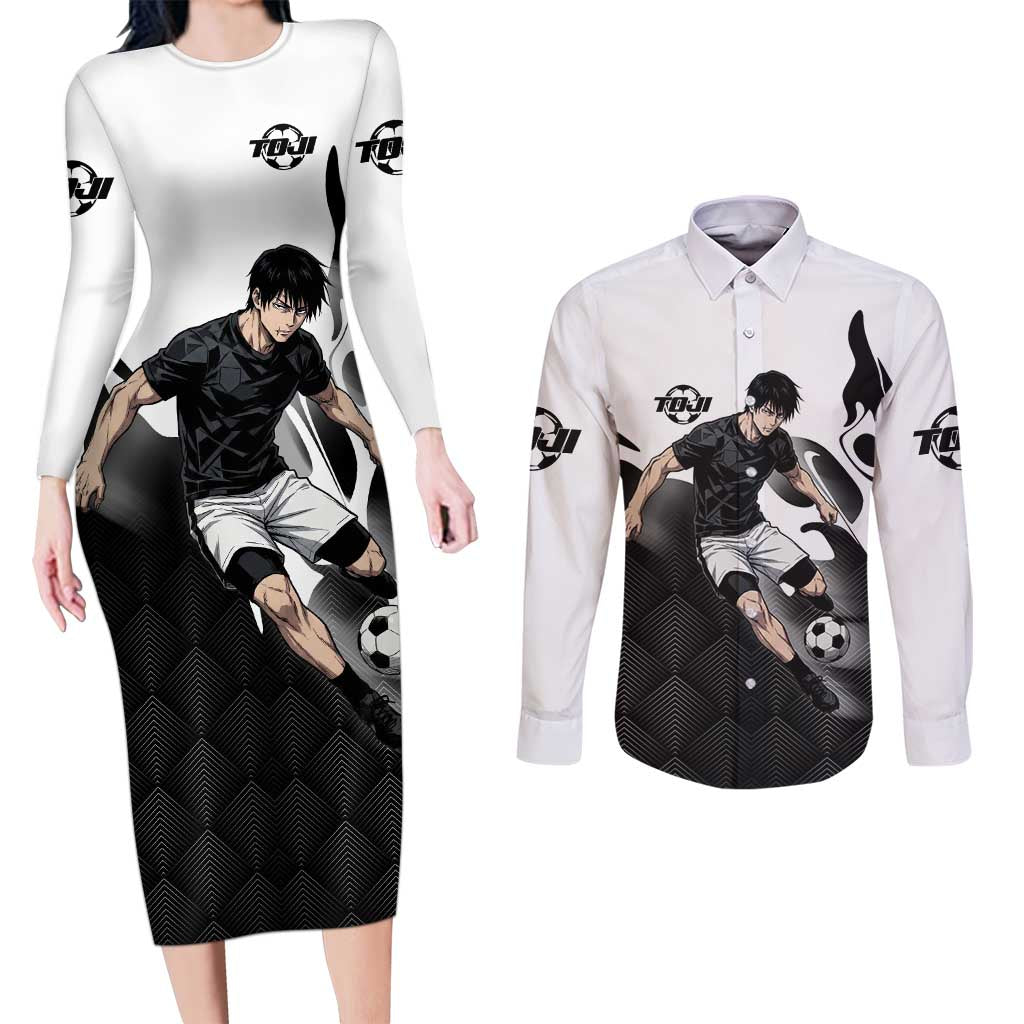 Personalized Toji Fushiguro Jujutsu Kaisen Soccer Theme Couples Matching Long Sleeve Bodycon Dress and Long Sleeve Button Shirt with Dribbling Pose and Monochrome Black White Flame Graphic Design - The Mazicc