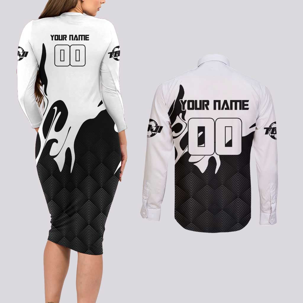 Personalized Toji Fushiguro Jujutsu Kaisen Soccer Theme Couples Matching Long Sleeve Bodycon Dress and Long Sleeve Button Shirt with Dribbling Pose and Monochrome Black White Flame Graphic Design - The Mazicc