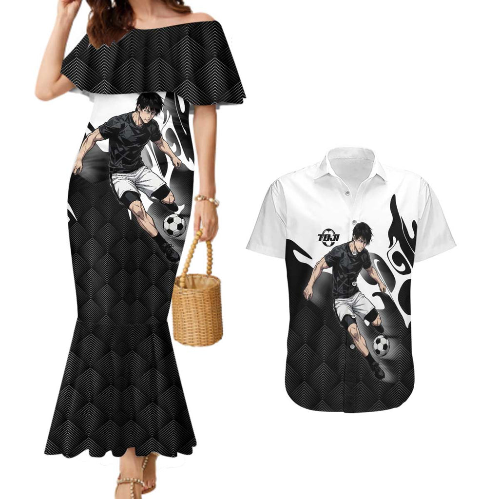 Personalized Toji Fushiguro Jujutsu Kaisen Soccer Theme Couples Matching Mermaid Dress and Hawaiian Shirt with Dribbling Pose and Monochrome Black White Flame Graphic Design - The Mazicc
