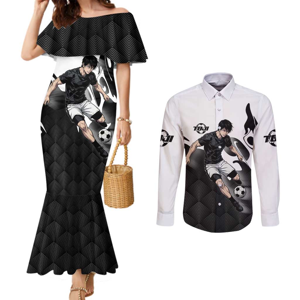 Personalized Toji Fushiguro Jujutsu Kaisen Soccer Theme Couples Matching Mermaid Dress and Long Sleeve Button Shirt with Dribbling Pose and Monochrome Black White Flame Graphic Design - The Mazicc