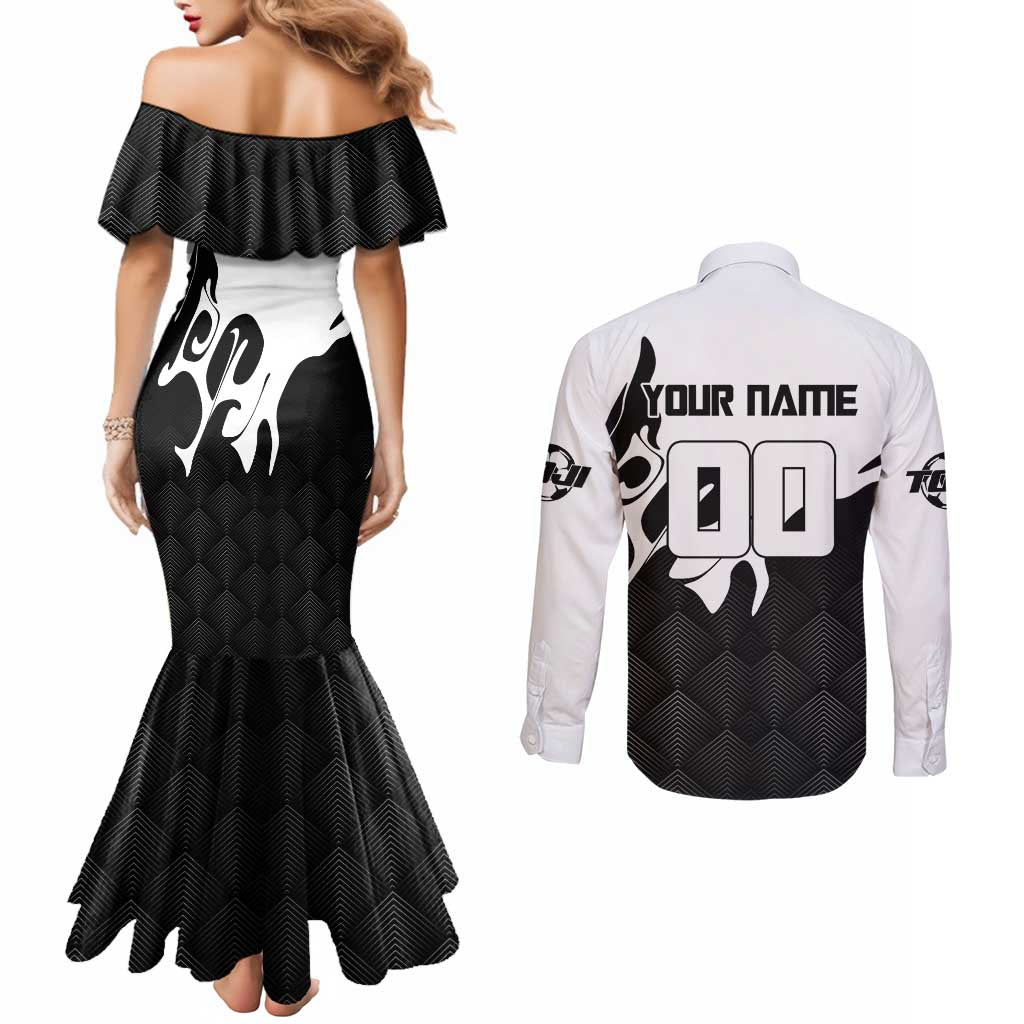 Personalized Toji Fushiguro Jujutsu Kaisen Soccer Theme Couples Matching Mermaid Dress and Long Sleeve Button Shirt with Dribbling Pose and Monochrome Black White Flame Graphic Design - The Mazicc