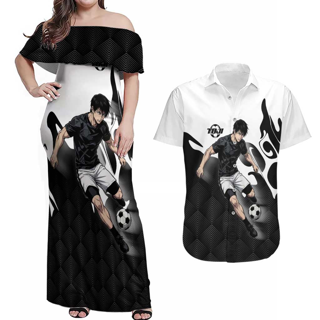 Personalized Toji Fushiguro Jujutsu Kaisen Soccer Theme Couples Matching Off Shoulder Maxi Dress and Hawaiian Shirt with Dribbling Pose and Monochrome Black White Flame Graphic Design - The Mazicc