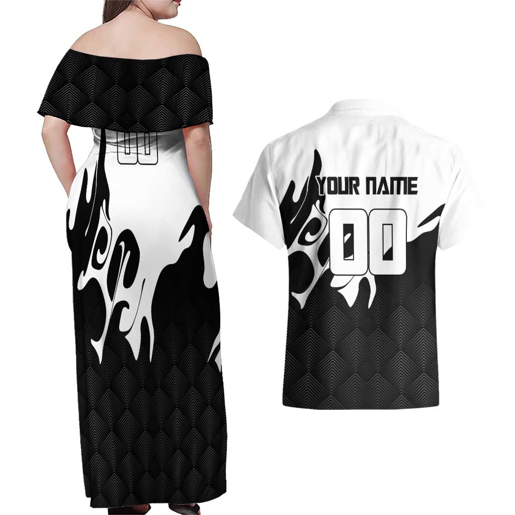 Personalized Toji Fushiguro Jujutsu Kaisen Soccer Theme Couples Matching Off Shoulder Maxi Dress and Hawaiian Shirt with Dribbling Pose and Monochrome Black White Flame Graphic Design - The Mazicc