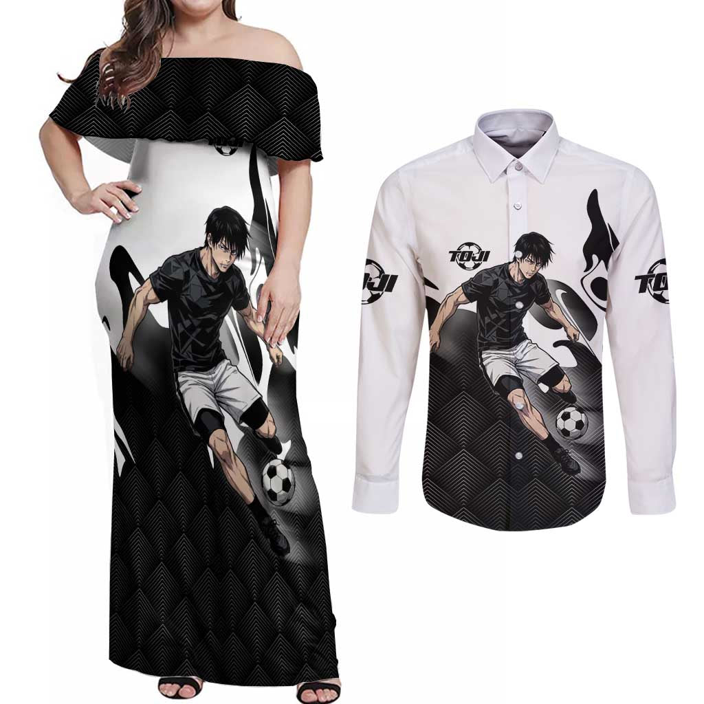 Personalized Toji Fushiguro Jujutsu Kaisen Soccer Theme Couples Matching Off Shoulder Maxi Dress and Long Sleeve Button Shirt with Dribbling Pose and Monochrome Black White Flame Graphic Design - The Mazicc