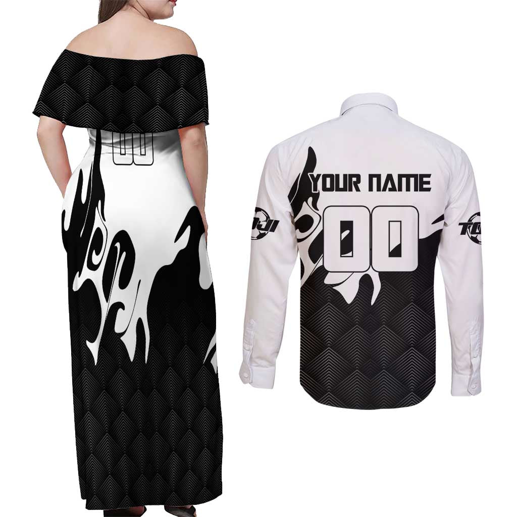 Personalized Toji Fushiguro Jujutsu Kaisen Soccer Theme Couples Matching Off Shoulder Maxi Dress and Long Sleeve Button Shirt with Dribbling Pose and Monochrome Black White Flame Graphic Design - The Mazicc