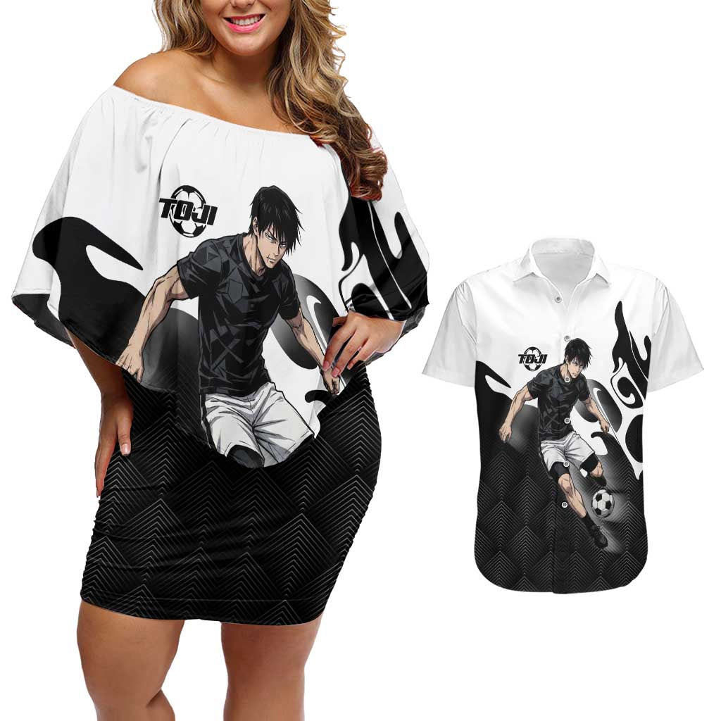Personalized Toji Fushiguro Jujutsu Kaisen Soccer Theme Couples Matching Off Shoulder Short Dress and Hawaiian Shirt with Dribbling Pose and Monochrome Black White Flame Graphic Design - The Mazicc