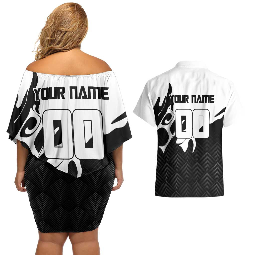 Personalized Toji Fushiguro Jujutsu Kaisen Soccer Theme Couples Matching Off Shoulder Short Dress and Hawaiian Shirt with Dribbling Pose and Monochrome Black White Flame Graphic Design - The Mazicc