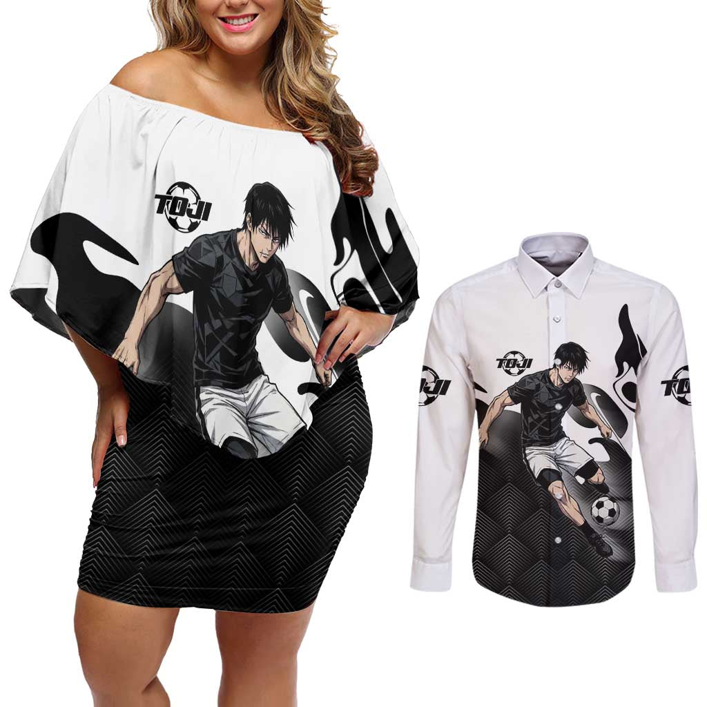 Personalized Toji Fushiguro Jujutsu Kaisen Soccer Theme Couples Matching Off Shoulder Short Dress and Long Sleeve Button Shirt with Dribbling Pose and Monochrome Black White Flame Graphic Design - The Mazicc