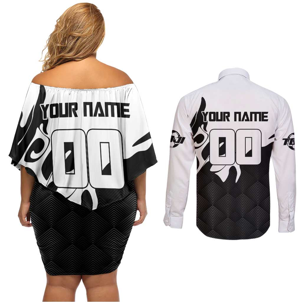 Personalized Toji Fushiguro Jujutsu Kaisen Soccer Theme Couples Matching Off Shoulder Short Dress and Long Sleeve Button Shirt with Dribbling Pose and Monochrome Black White Flame Graphic Design - The Mazicc