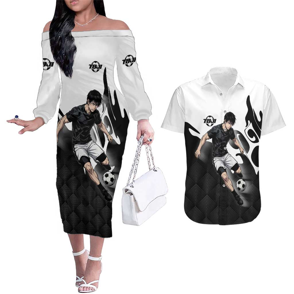 Personalized Toji Fushiguro Jujutsu Kaisen Soccer Theme Couples Matching Off The Shoulder Long Sleeve Dress and Hawaiian Shirt with Dribbling Pose and Monochrome Black White Flame Graphic Design - The Mazicc