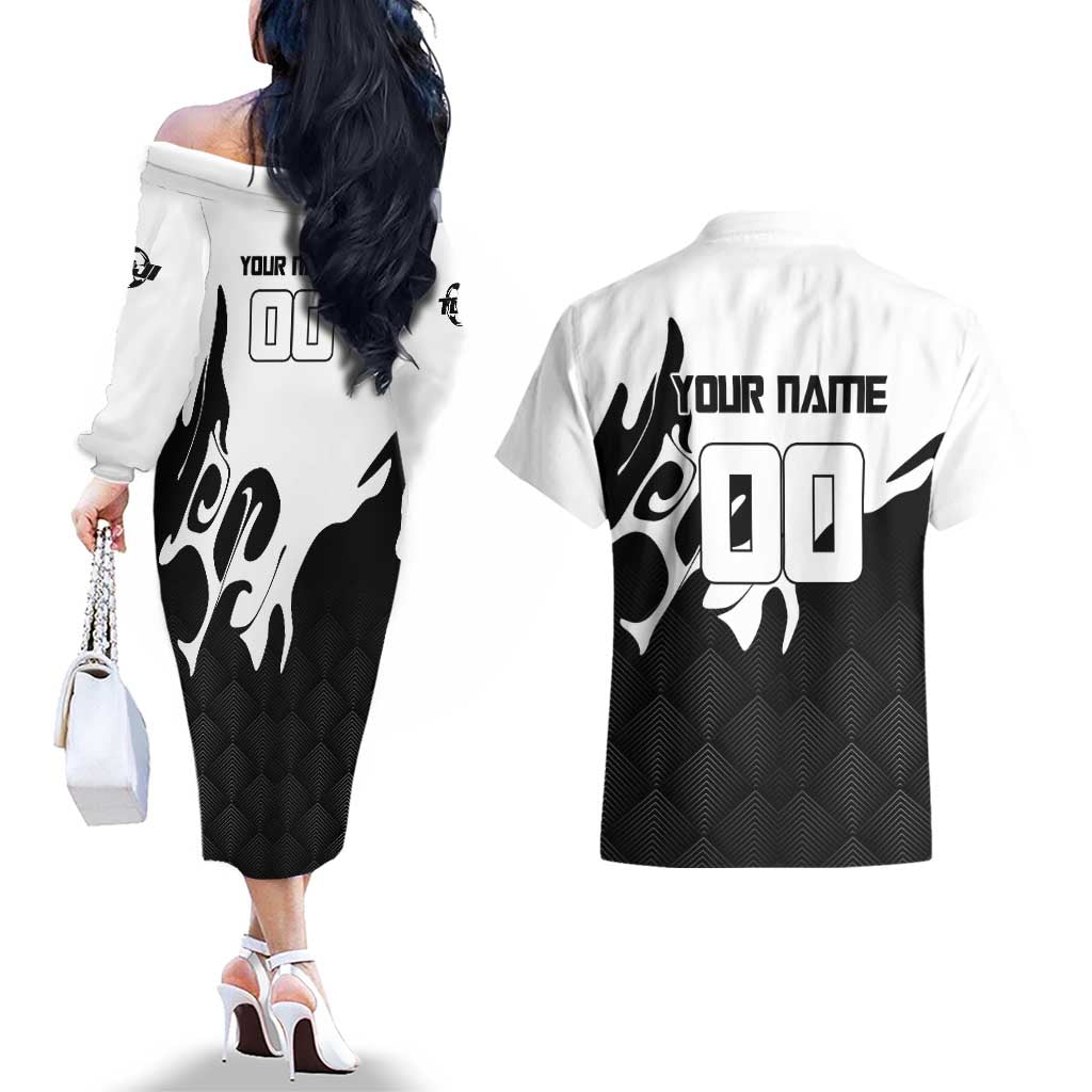 Personalized Toji Fushiguro Jujutsu Kaisen Soccer Theme Couples Matching Off The Shoulder Long Sleeve Dress and Hawaiian Shirt with Dribbling Pose and Monochrome Black White Flame Graphic Design - The Mazicc