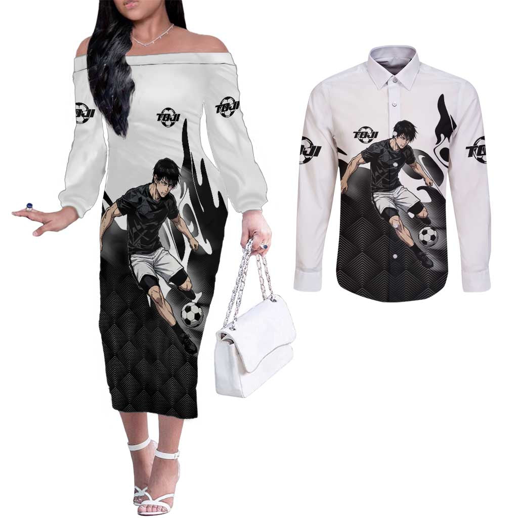 Personalized Toji Fushiguro Jujutsu Kaisen Soccer Theme Couples Matching Off The Shoulder Long Sleeve Dress and Long Sleeve Button Shirt with Dribbling Pose and Monochrome Black White Flame Graphic Design - The Mazicc
