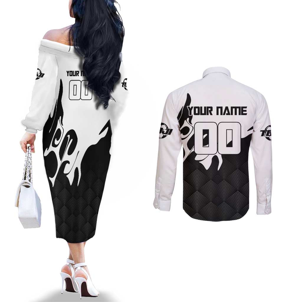 Personalized Toji Fushiguro Jujutsu Kaisen Soccer Theme Couples Matching Off The Shoulder Long Sleeve Dress and Long Sleeve Button Shirt with Dribbling Pose and Monochrome Black White Flame Graphic Design - The Mazicc