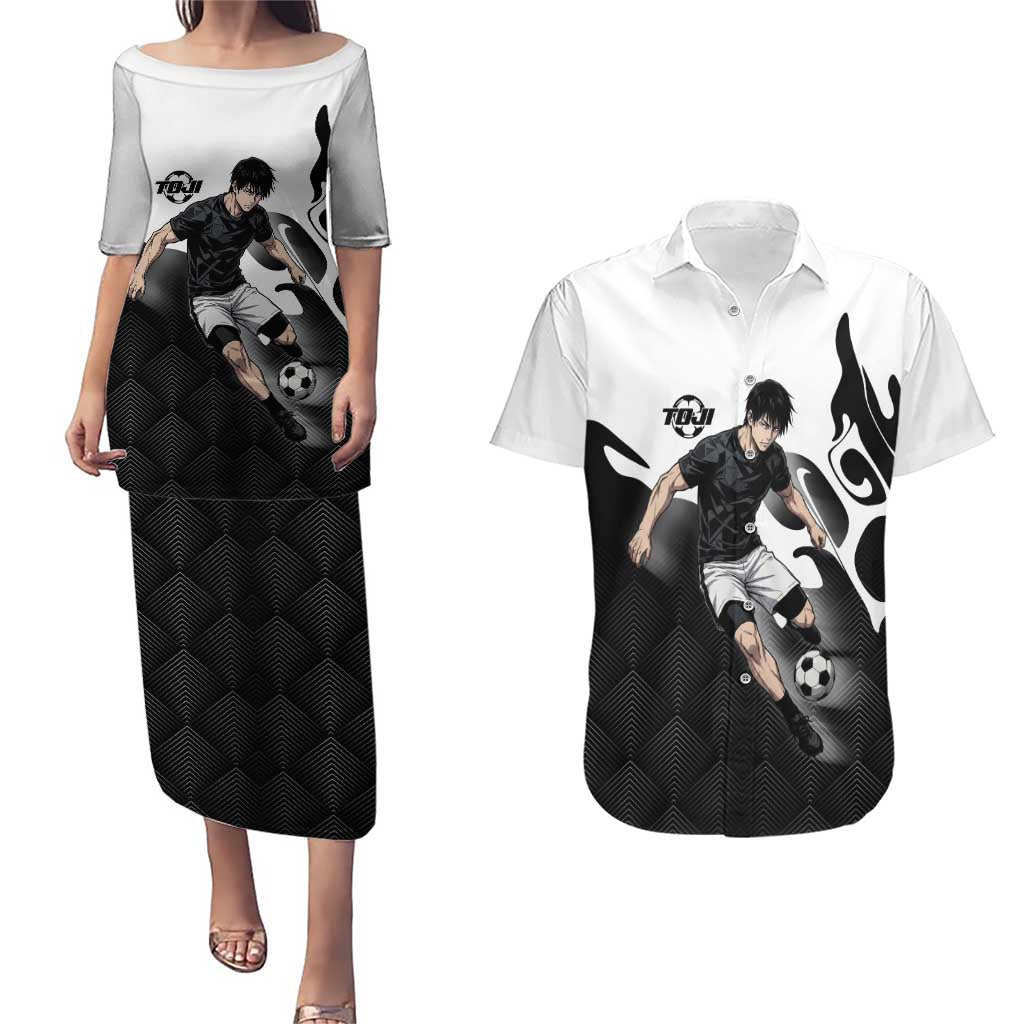 Personalized Toji Fushiguro Jujutsu Kaisen Soccer Theme Couples Matching Puletasi and Hawaiian Shirt with Dribbling Pose and Monochrome Black White Flame Graphic Design - The Mazicc