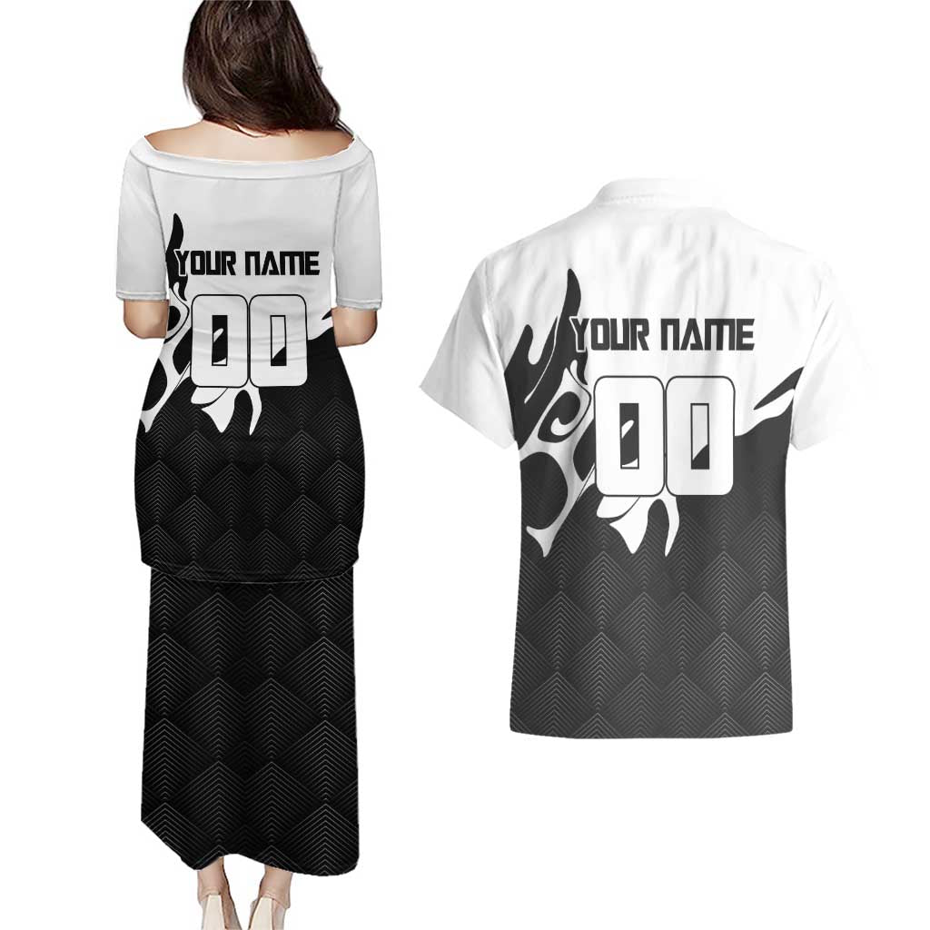 Personalized Toji Fushiguro Jujutsu Kaisen Soccer Theme Couples Matching Puletasi and Hawaiian Shirt with Dribbling Pose and Monochrome Black White Flame Graphic Design - The Mazicc