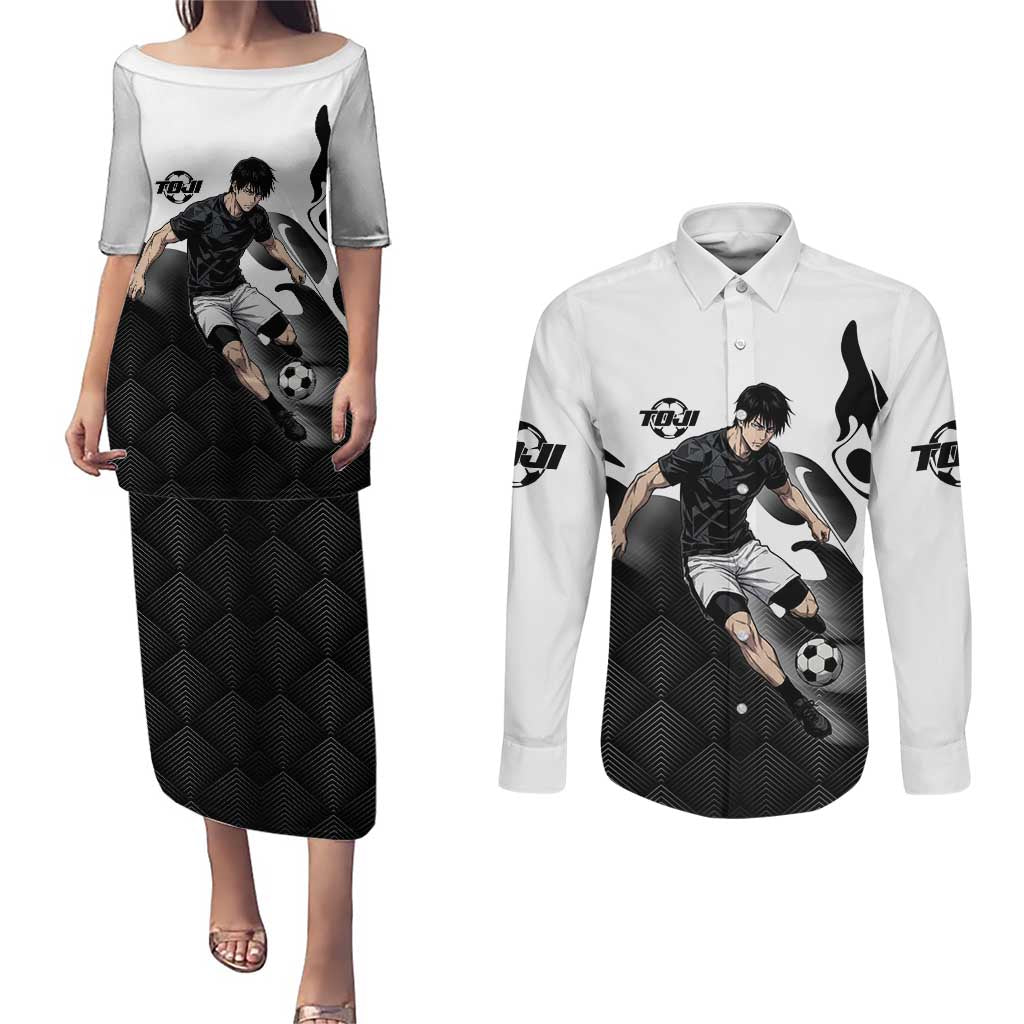 Personalized Toji Fushiguro Jujutsu Kaisen Soccer Theme Couples Matching Puletasi and Long Sleeve Button Shirt with Dribbling Pose and Monochrome Black White Flame Graphic Design - The Mazicc
