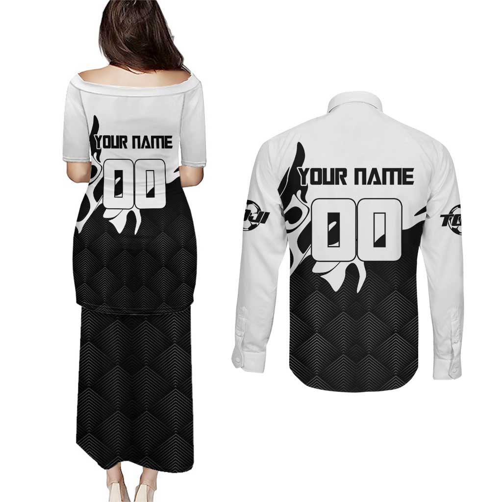 Personalized Toji Fushiguro Jujutsu Kaisen Soccer Theme Couples Matching Puletasi and Long Sleeve Button Shirt with Dribbling Pose and Monochrome Black White Flame Graphic Design - The Mazicc