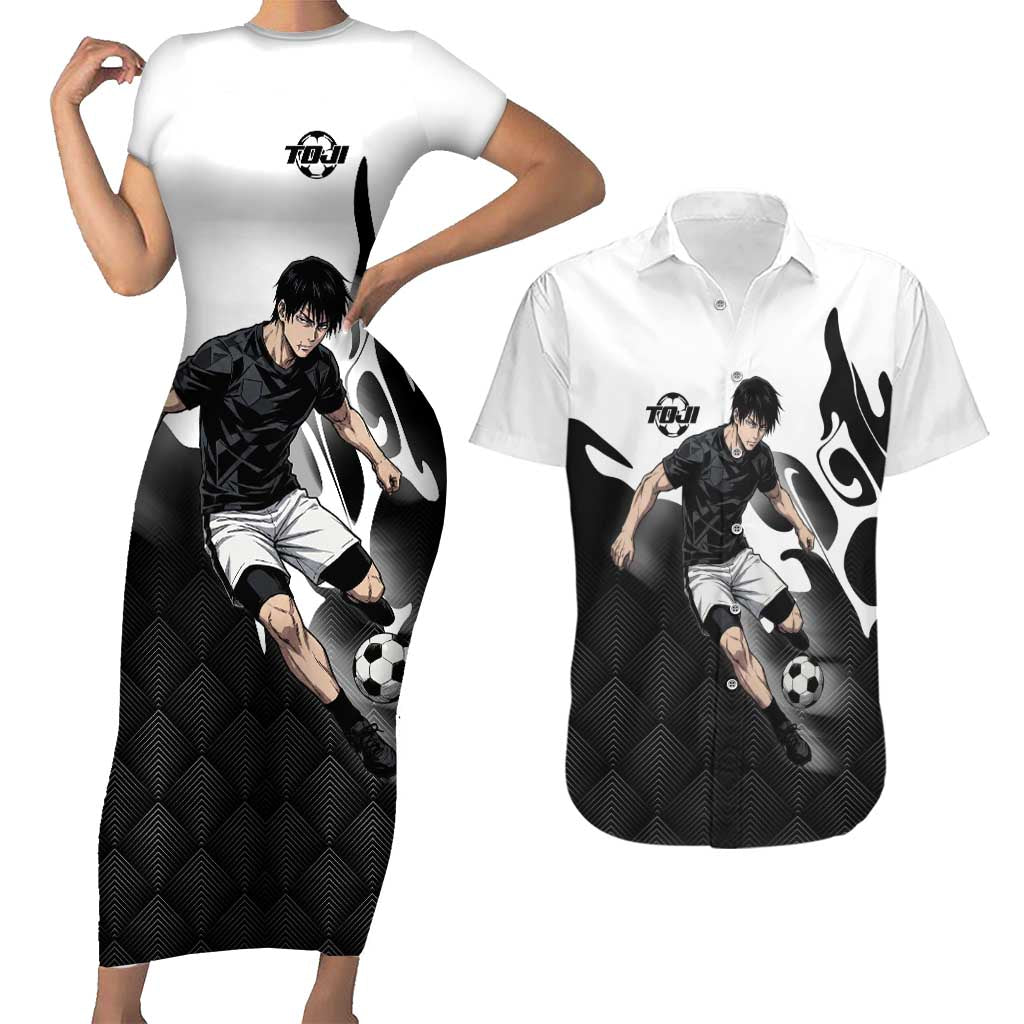 Personalized Toji Fushiguro Jujutsu Kaisen Soccer Theme Couples Matching Short Sleeve Bodycon Dress and Hawaiian Shirt with Dribbling Pose and Monochrome Black White Flame Graphic Design - The Mazicc