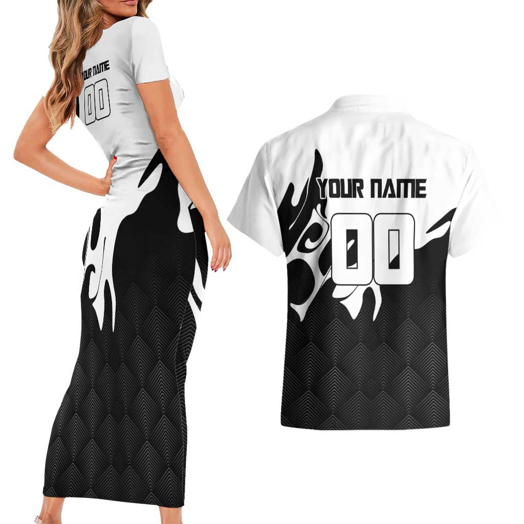 Personalized Toji Fushiguro Jujutsu Kaisen Soccer Theme Couples Matching Short Sleeve Bodycon Dress and Hawaiian Shirt with Dribbling Pose and Monochrome Black White Flame Graphic Design - The Mazicc