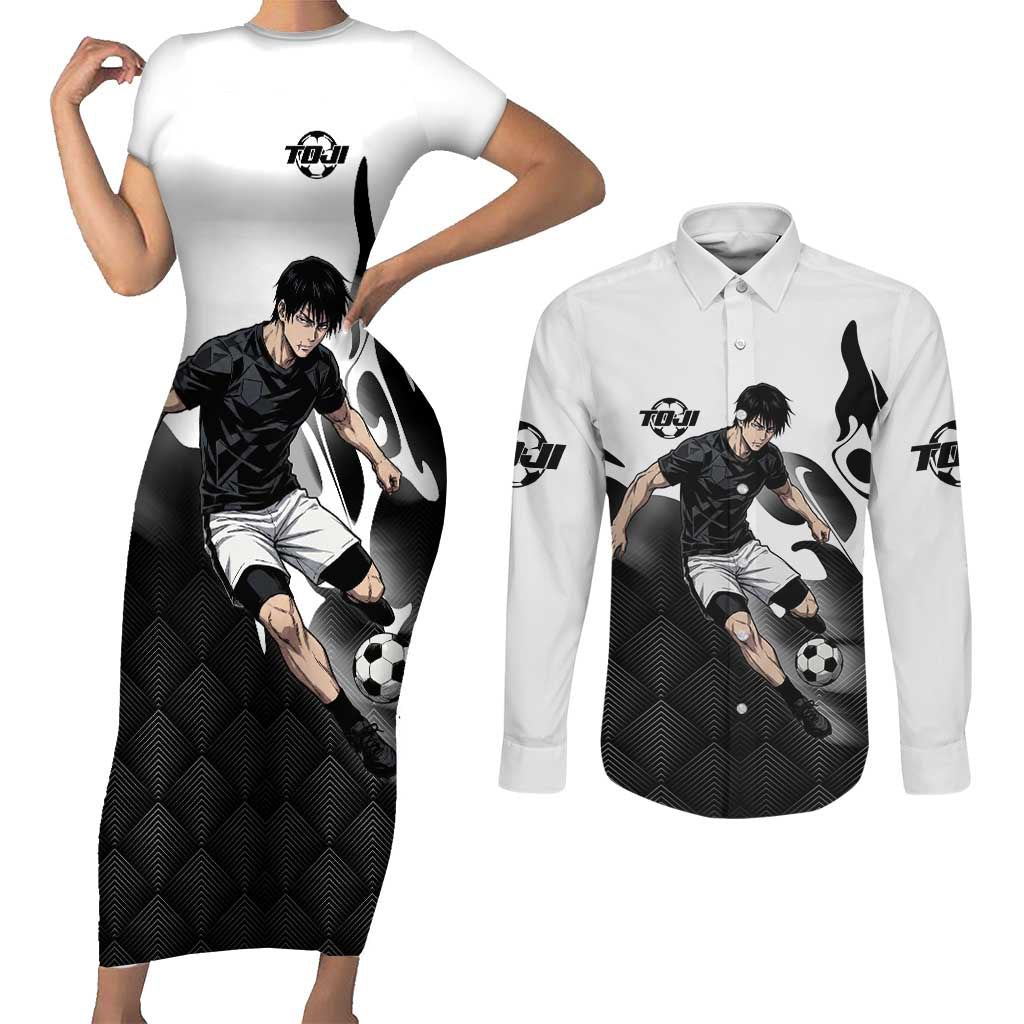 Personalized Toji Fushiguro Jujutsu Kaisen Soccer Theme Couples Matching Short Sleeve Bodycon Dress and Long Sleeve Button Shirt with Dribbling Pose and Monochrome Black White Flame Graphic Design - The Mazicc