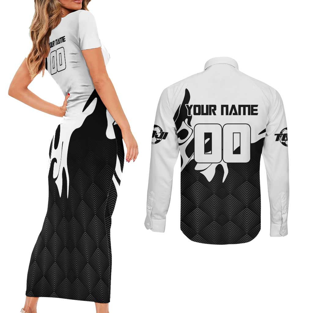 Personalized Toji Fushiguro Jujutsu Kaisen Soccer Theme Couples Matching Short Sleeve Bodycon Dress and Long Sleeve Button Shirt with Dribbling Pose and Monochrome Black White Flame Graphic Design - The Mazicc