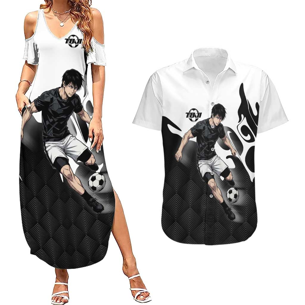 Personalized Toji Fushiguro Jujutsu Kaisen Soccer Theme Couples Matching Summer Maxi Dress and Hawaiian Shirt with Dribbling Pose and Monochrome Black White Flame Graphic Design - The Mazicc