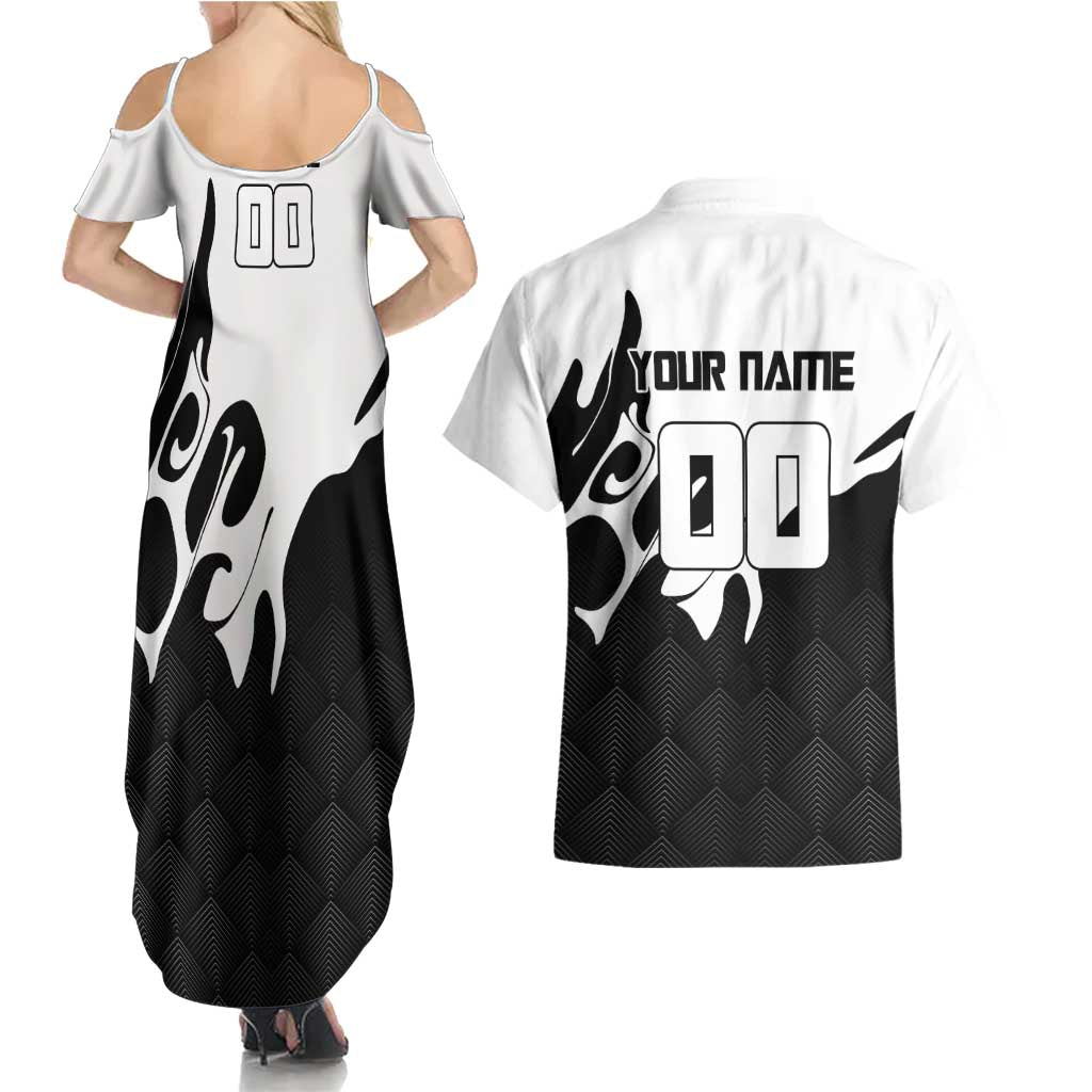 Personalized Toji Fushiguro Jujutsu Kaisen Soccer Theme Couples Matching Summer Maxi Dress and Hawaiian Shirt with Dribbling Pose and Monochrome Black White Flame Graphic Design - The Mazicc