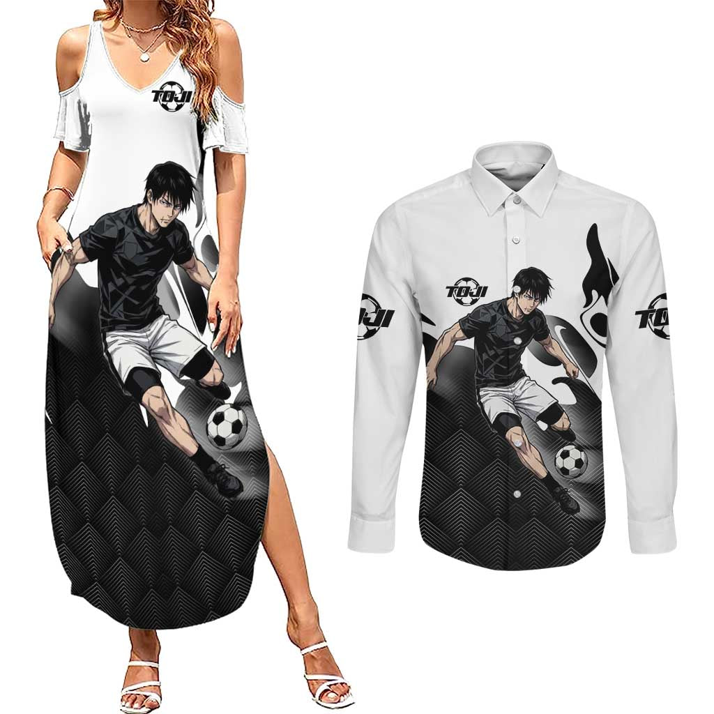 Personalized Toji Fushiguro Jujutsu Kaisen Soccer Theme Couples Matching Summer Maxi Dress and Long Sleeve Button Shirt with Dribbling Pose and Monochrome Black White Flame Graphic Design - The Mazicc