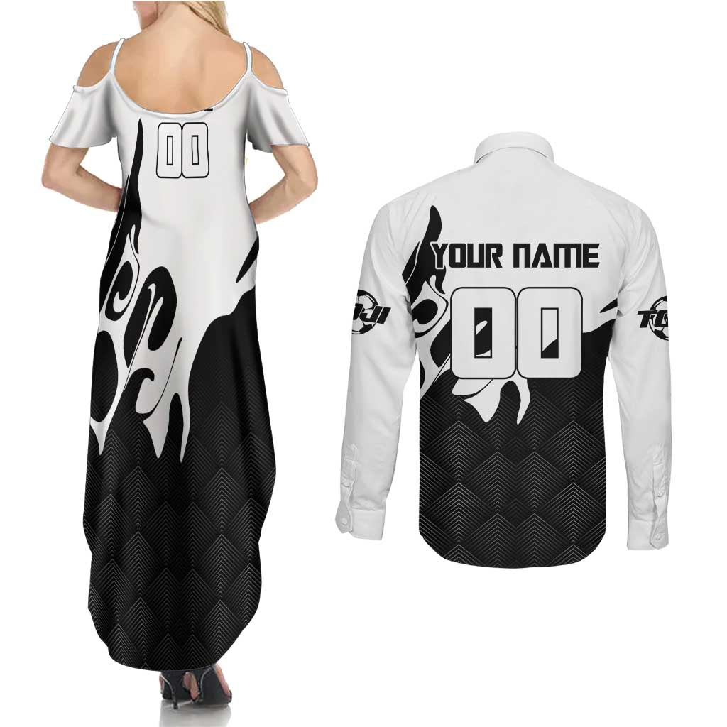 Personalized Toji Fushiguro Jujutsu Kaisen Soccer Theme Couples Matching Summer Maxi Dress and Long Sleeve Button Shirt with Dribbling Pose and Monochrome Black White Flame Graphic Design - The Mazicc