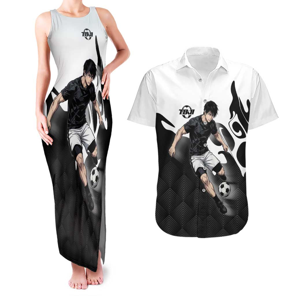 Personalized Toji Fushiguro Jujutsu Kaisen Soccer Theme Couples Matching Tank Maxi Dress and Hawaiian Shirt with Dribbling Pose and Monochrome Black White Flame Graphic Design - The Mazicc