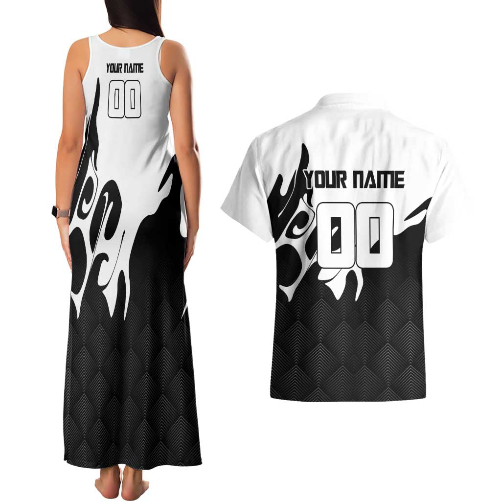 Personalized Toji Fushiguro Jujutsu Kaisen Soccer Theme Couples Matching Tank Maxi Dress and Hawaiian Shirt with Dribbling Pose and Monochrome Black White Flame Graphic Design - The Mazicc
