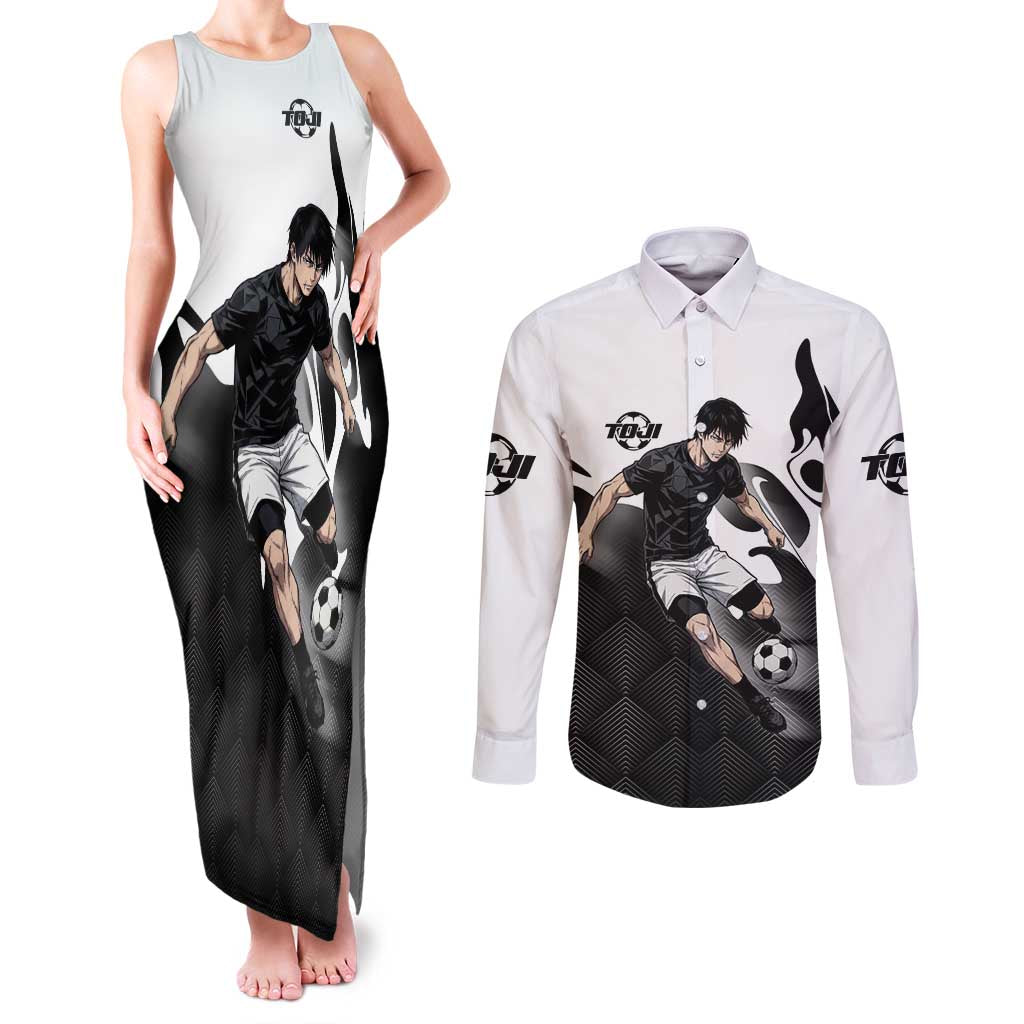 Personalized Toji Fushiguro Jujutsu Kaisen Soccer Theme Couples Matching Tank Maxi Dress and Long Sleeve Button Shirt with Dribbling Pose and Monochrome Black White Flame Graphic Design - The Mazicc