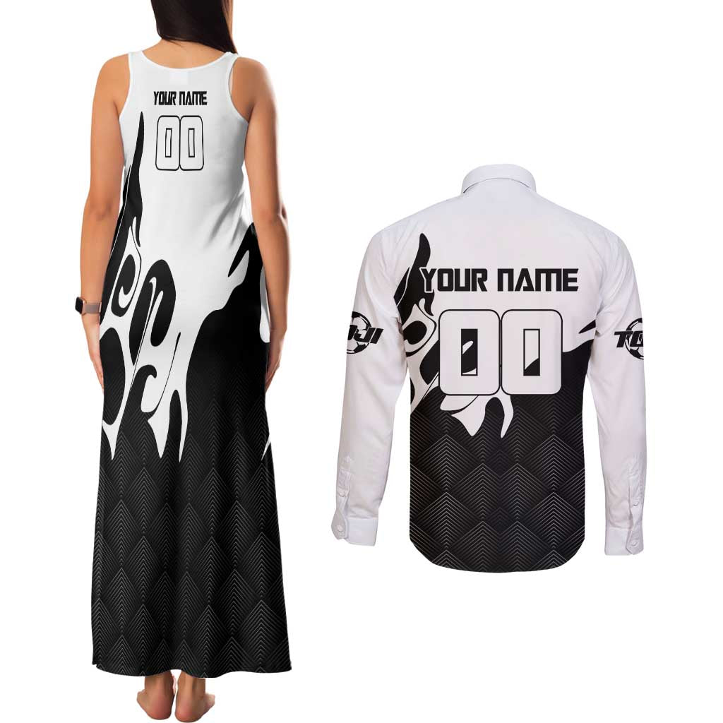 Personalized Toji Fushiguro Jujutsu Kaisen Soccer Theme Couples Matching Tank Maxi Dress and Long Sleeve Button Shirt with Dribbling Pose and Monochrome Black White Flame Graphic Design - The Mazicc