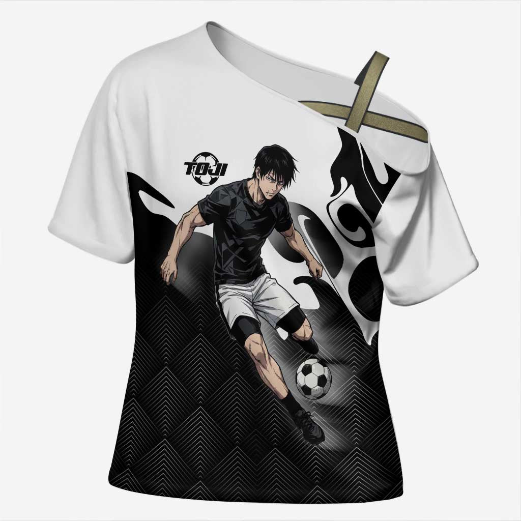 Personalized Toji Fushiguro Jujutsu Kaisen Soccer Theme Cross Shoulder Shirt with Dribbling Pose and Monochrome Black White Flame Graphic Design - The Mazicc