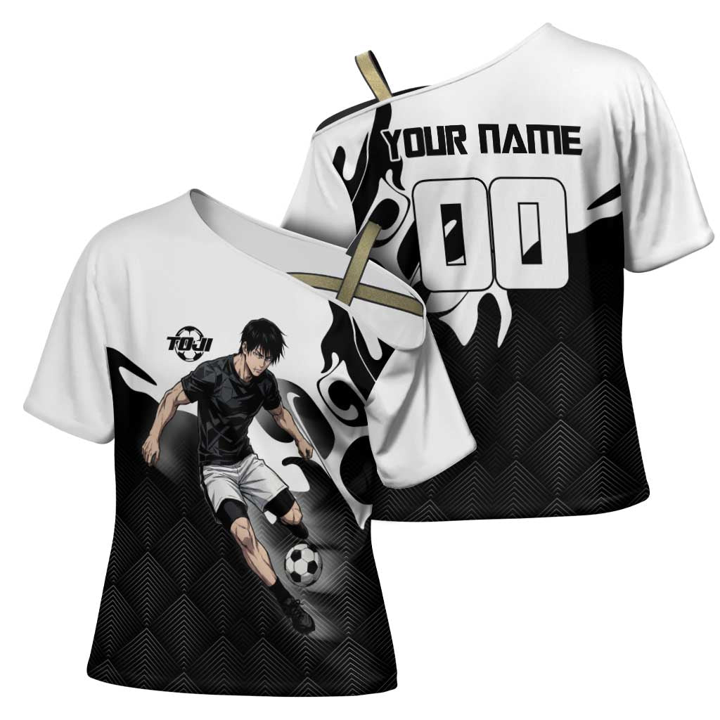 Personalized Toji Fushiguro Jujutsu Kaisen Soccer Theme Cross Shoulder Shirt with Dribbling Pose and Monochrome Black White Flame Graphic Design - The Mazicc