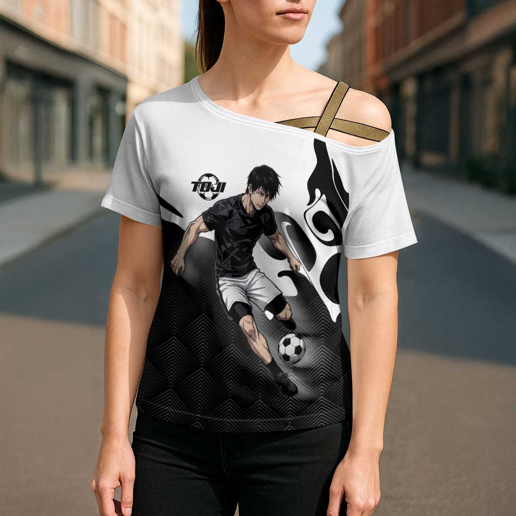 Personalized Toji Fushiguro Jujutsu Kaisen Soccer Theme Cross Shoulder Shirt with Dribbling Pose and Monochrome Black White Flame Graphic Design - The Mazicc