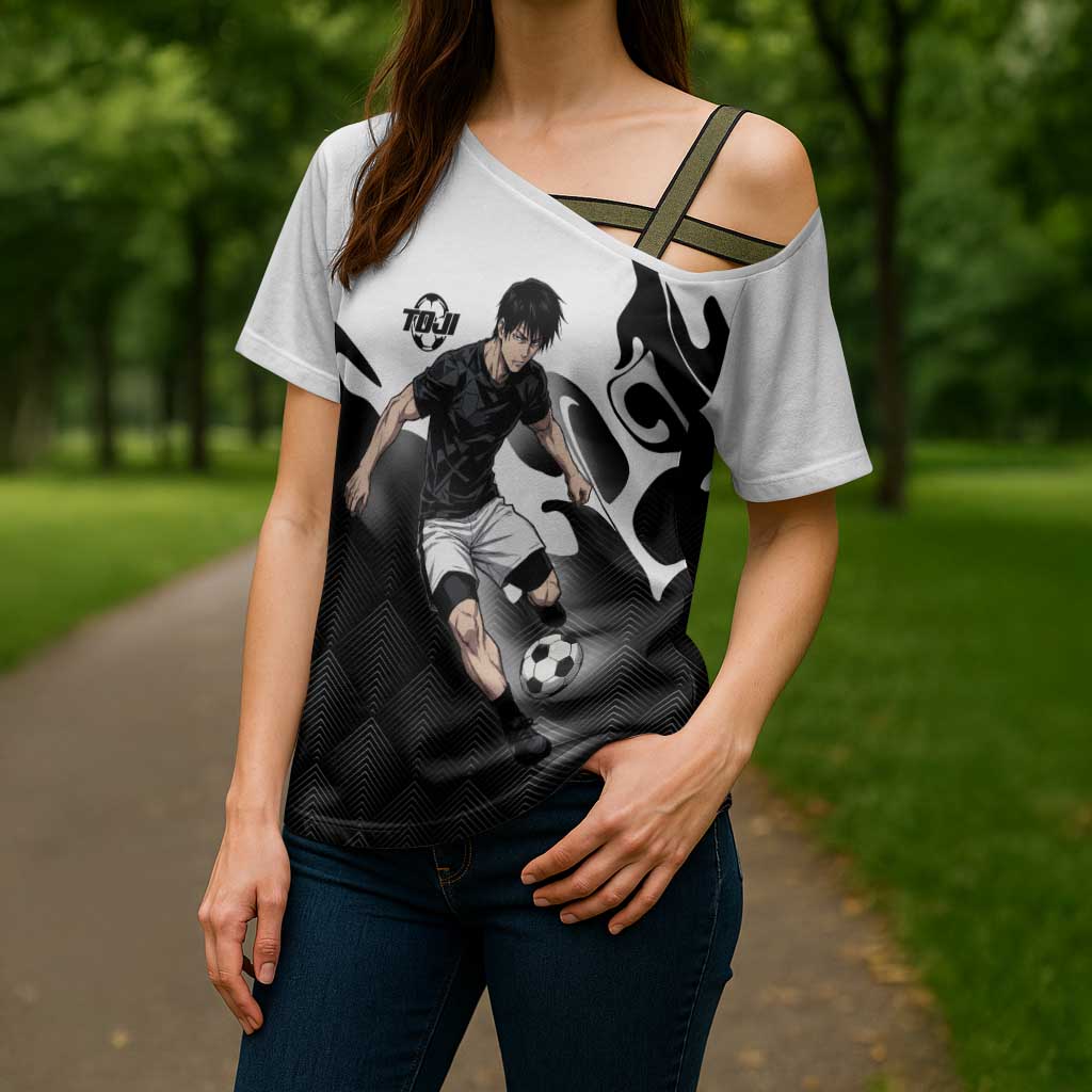 Personalized Toji Fushiguro Jujutsu Kaisen Soccer Theme Cross Shoulder Shirt with Dribbling Pose and Monochrome Black White Flame Graphic Design - The Mazicc
