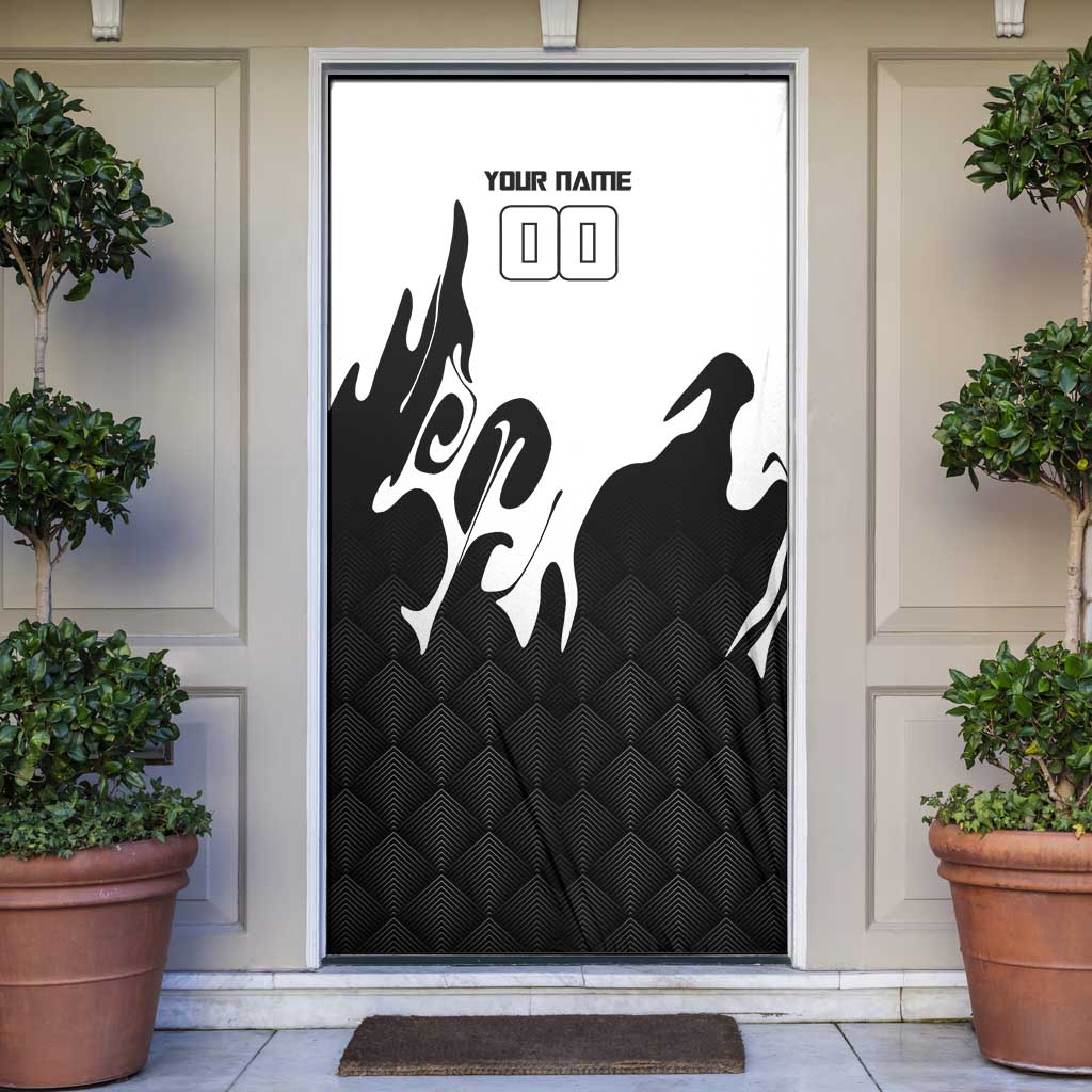 Personalized Toji Fushiguro Jujutsu Kaisen Soccer Theme Door Cover with Dribbling Pose and Monochrome Black White Flame Graphic Design - The Mazicc