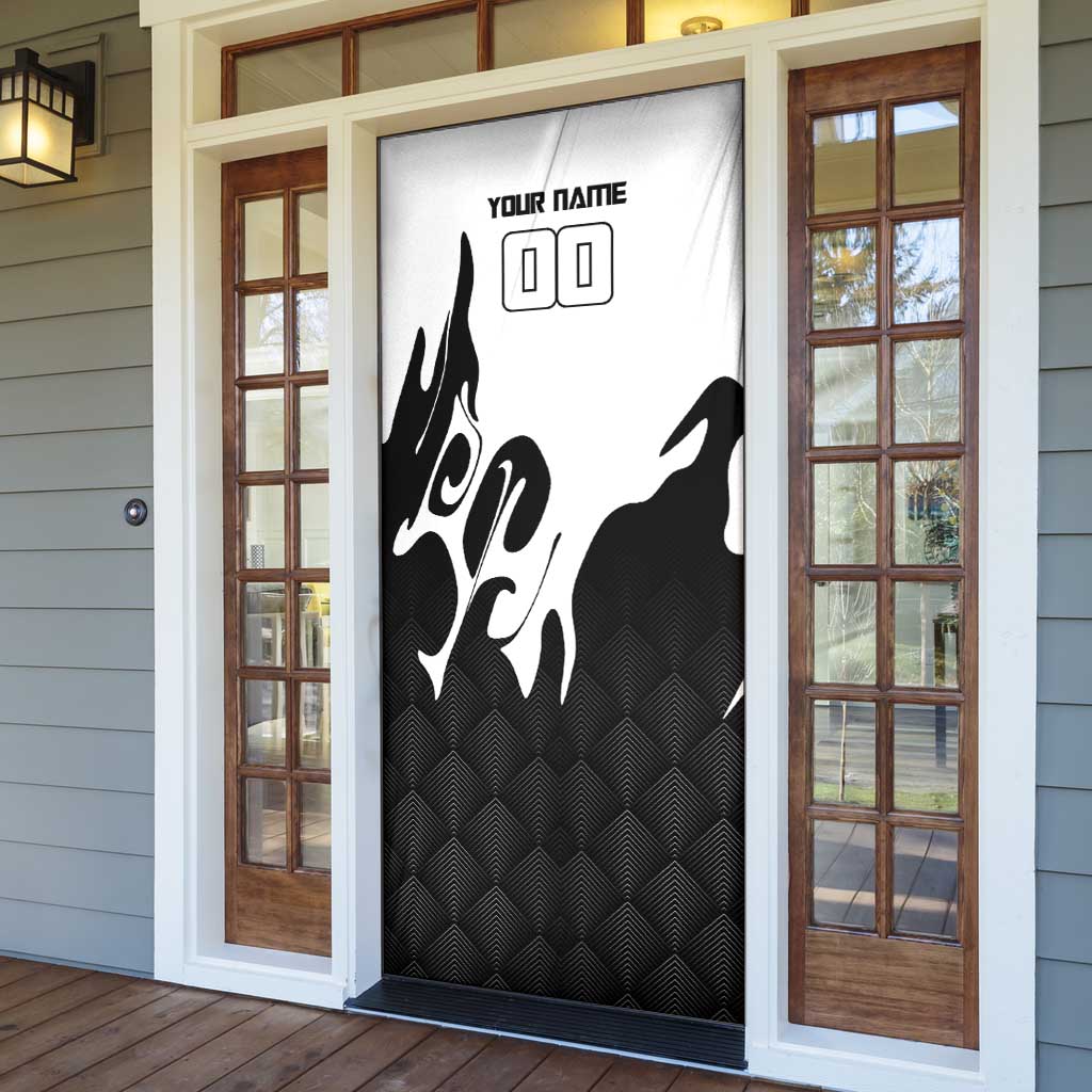 Personalized Toji Fushiguro Jujutsu Kaisen Soccer Theme Door Cover with Dribbling Pose and Monochrome Black White Flame Graphic Design - The Mazicc