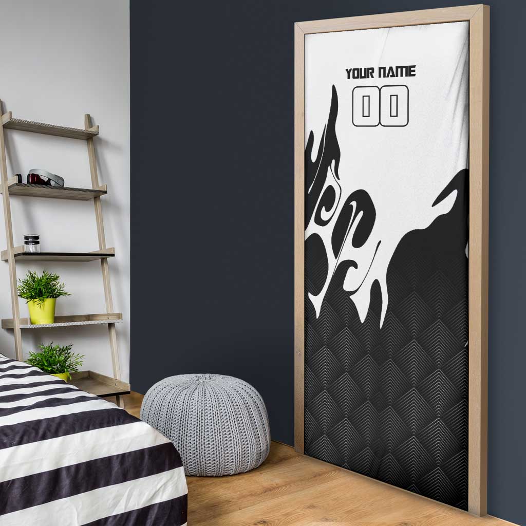 Personalized Toji Fushiguro Jujutsu Kaisen Soccer Theme Door Cover with Dribbling Pose and Monochrome Black White Flame Graphic Design - The Mazicc