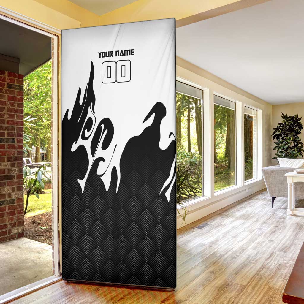 Personalized Toji Fushiguro Jujutsu Kaisen Soccer Theme Door Cover with Dribbling Pose and Monochrome Black White Flame Graphic Design - The Mazicc