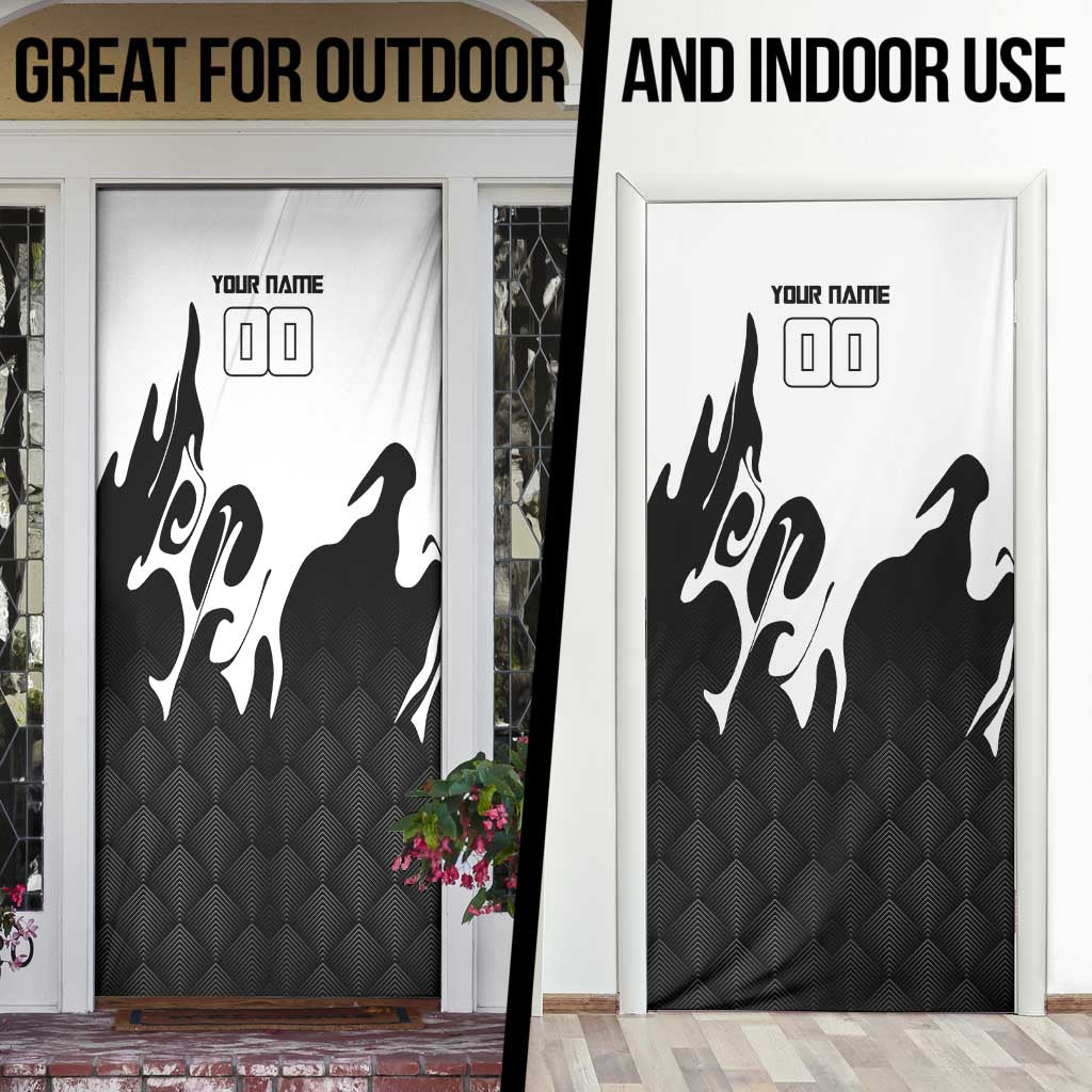 Personalized Toji Fushiguro Jujutsu Kaisen Soccer Theme Door Cover with Dribbling Pose and Monochrome Black White Flame Graphic Design - The Mazicc
