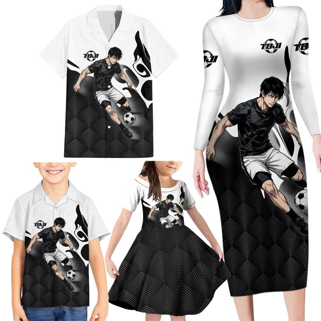Personalized Toji Fushiguro Jujutsu Kaisen Soccer Theme Family Matching Long Sleeve Bodycon Dress and Hawaiian Shirt with Dribbling Pose and Monochrome Black White Flame Graphic Design