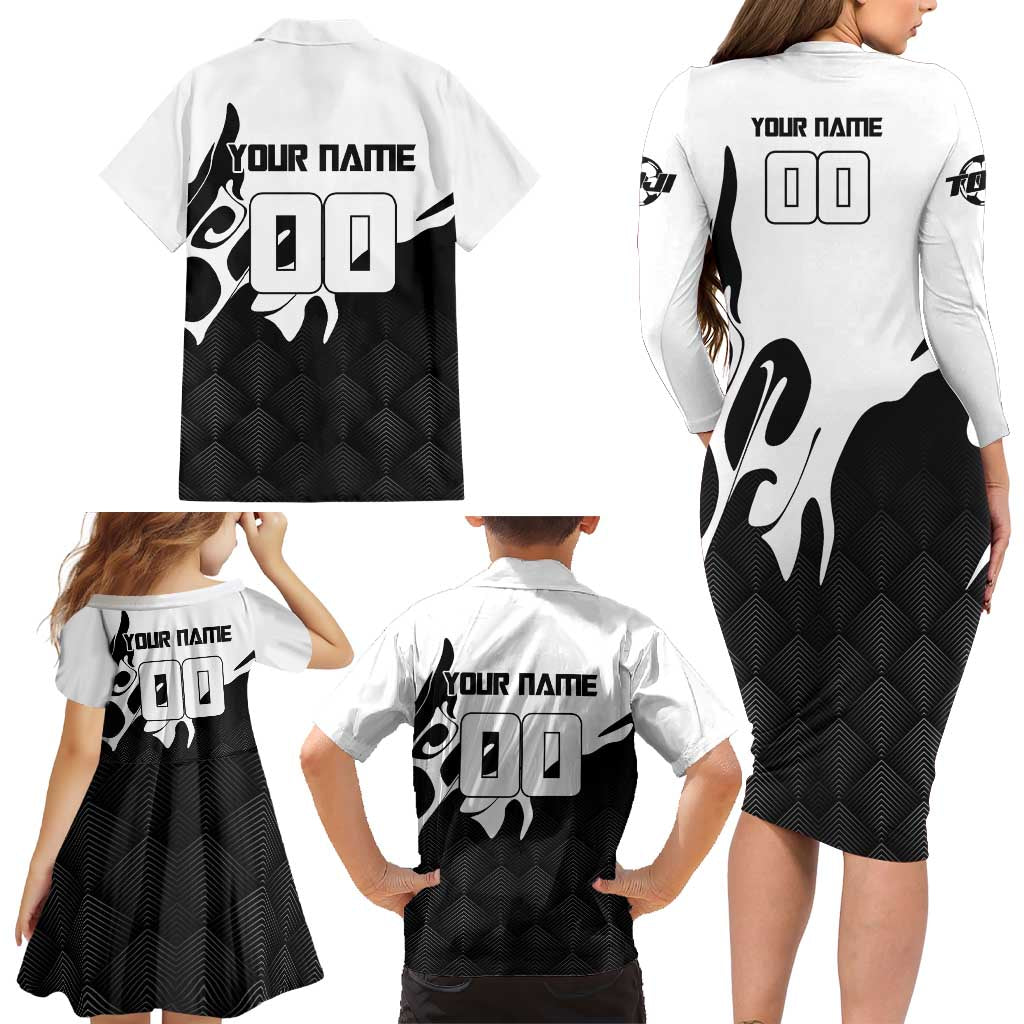 Personalized Toji Fushiguro Jujutsu Kaisen Soccer Theme Family Matching Long Sleeve Bodycon Dress and Hawaiian Shirt with Dribbling Pose and Monochrome Black White Flame Graphic Design