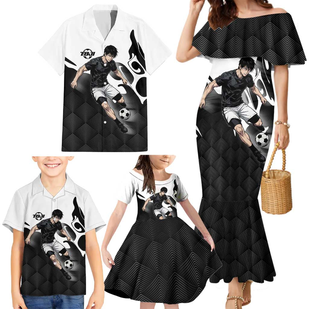 Personalized Toji Fushiguro Jujutsu Kaisen Soccer Theme Family Matching Mermaid Dress and Hawaiian Shirt with Dribbling Pose and Monochrome Black White Flame Graphic Design