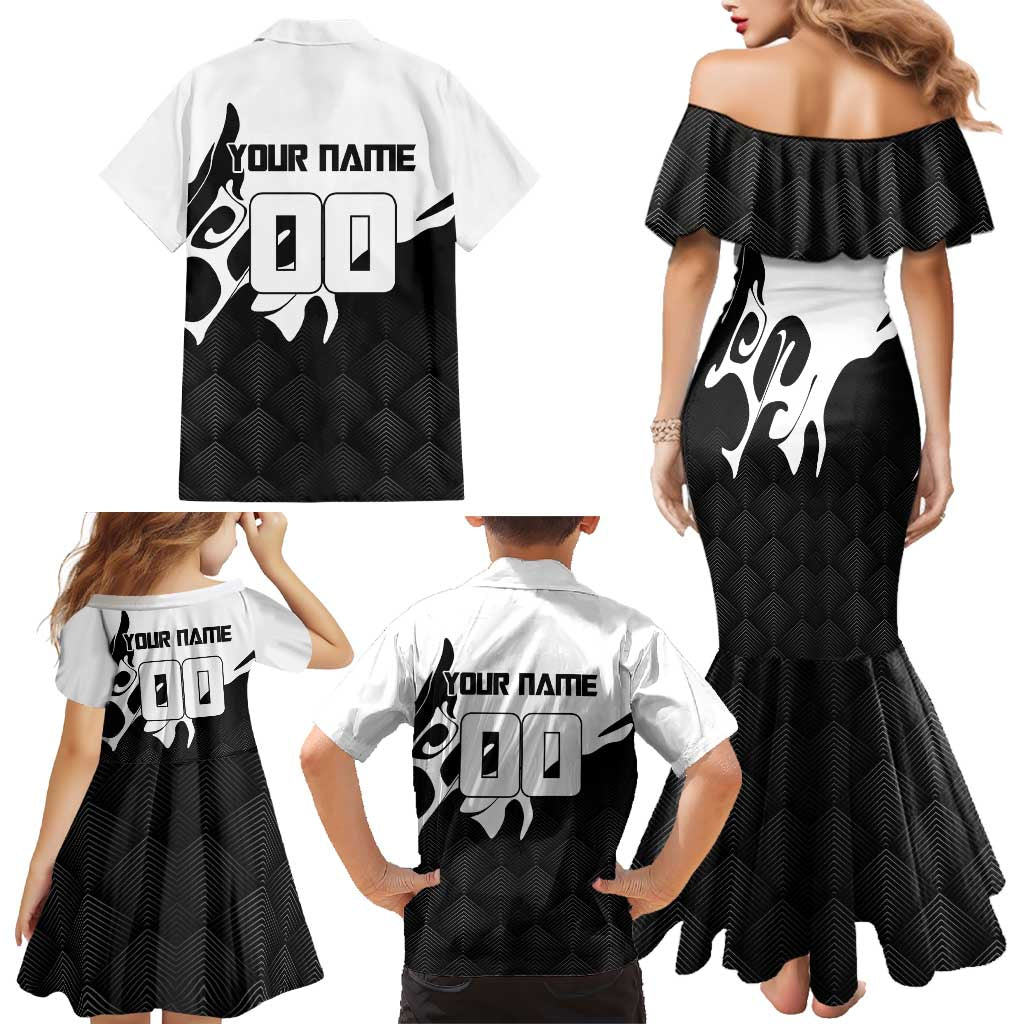 Personalized Toji Fushiguro Jujutsu Kaisen Soccer Theme Family Matching Mermaid Dress and Hawaiian Shirt with Dribbling Pose and Monochrome Black White Flame Graphic Design